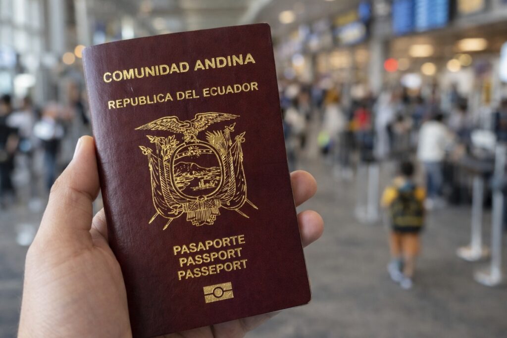 Pasaporte de la República del Ecuador en un aeropuerto